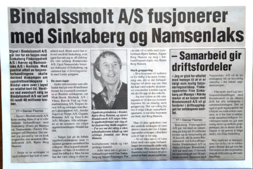 Bindalssmolt fusjonerte med Sinkaberg Fiskeoppdrett i 1997. Faksimile avisa Ytringen.